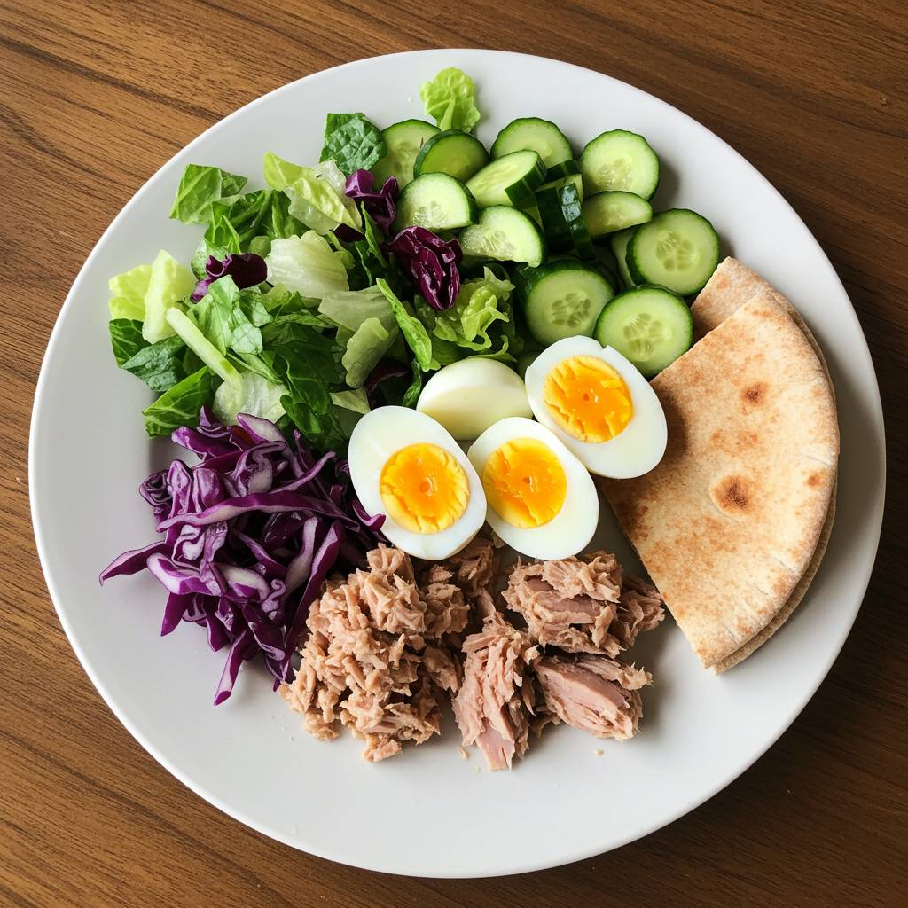 Overhead view of healthy salad bowl with eggs, tuna, vegetables and pita bread on white plate