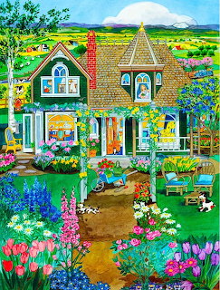 Victorian cottage surrounded by vibrant flower gardens with tulips and roses, pastoral landscape with cows in background