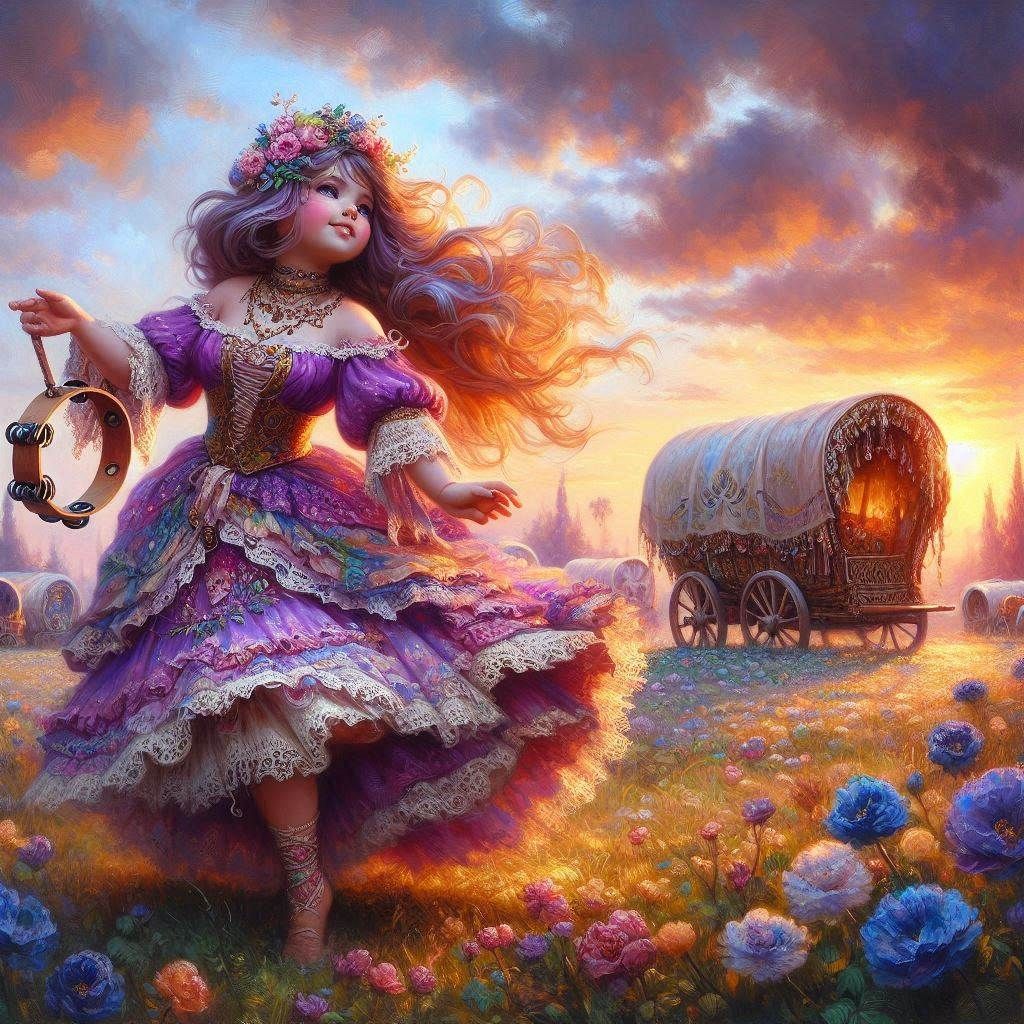 Illustrated woman in a purple dress walking through flowers at sunset near a glowing wagon