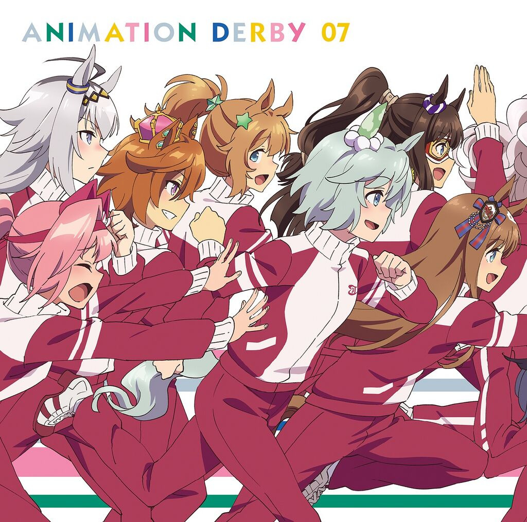 Anime horse girls in red tracksuits running together in a side-view group illustration