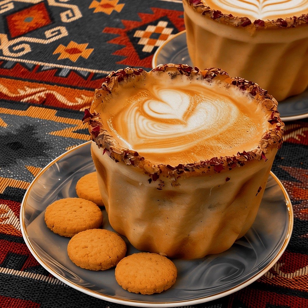 Two lattes with foam art and cinnamon rims on a plate with cookies on a decorative textile