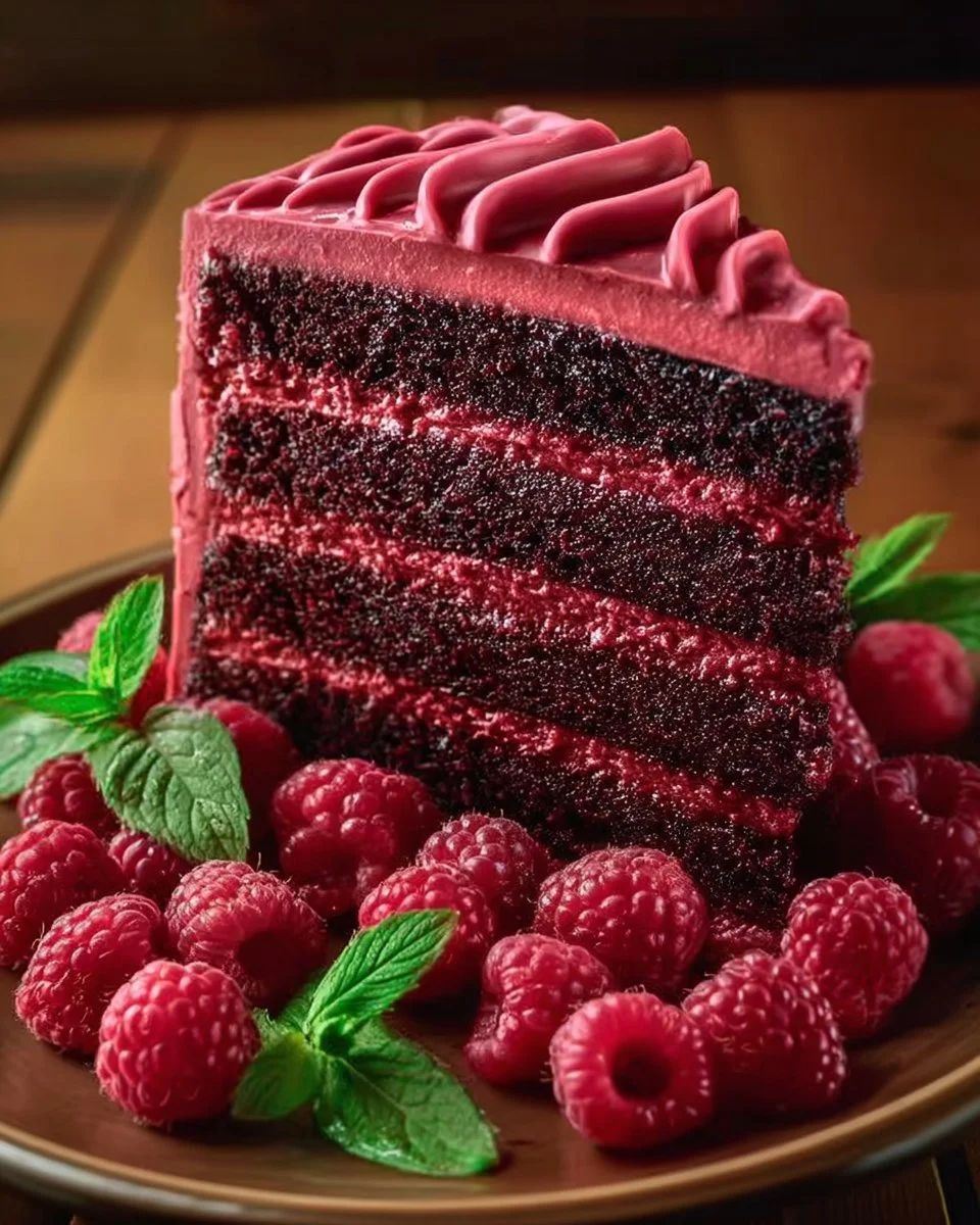 Slice of chocolate raspberry layer cake on a plate with fresh raspberries and mint leaves