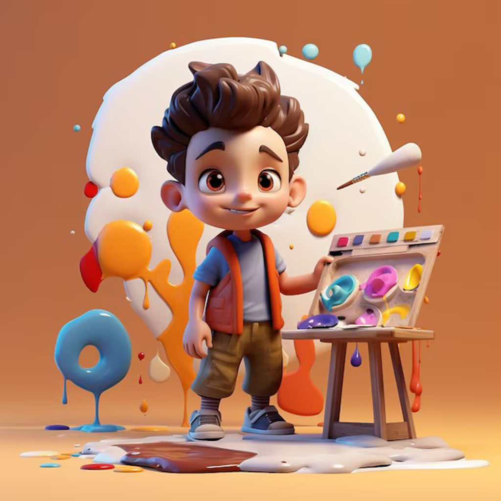 Cheerful cartoon boy with curly hair painting on easel, surrounded by colorful paint splatters and shapes