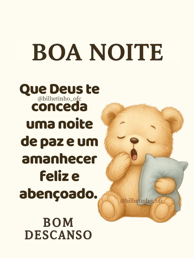 Teddy bear holding blue pillow with Portuguese good night blessing text
