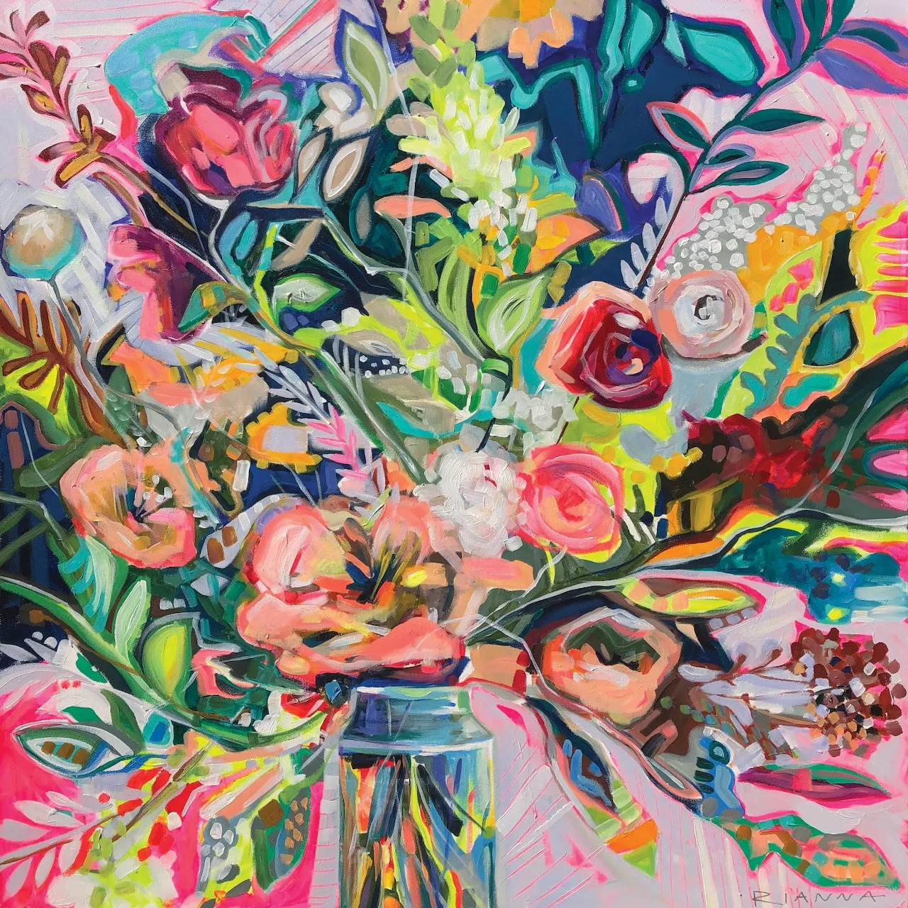 Abstract painting of vibrant flowers in varied colors with expressive brushwork