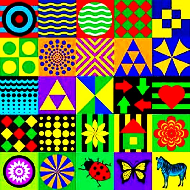 Colorful 5x5 grid of bold geometric patterns including circles, waves, triangles, diamonds, and animal shapes