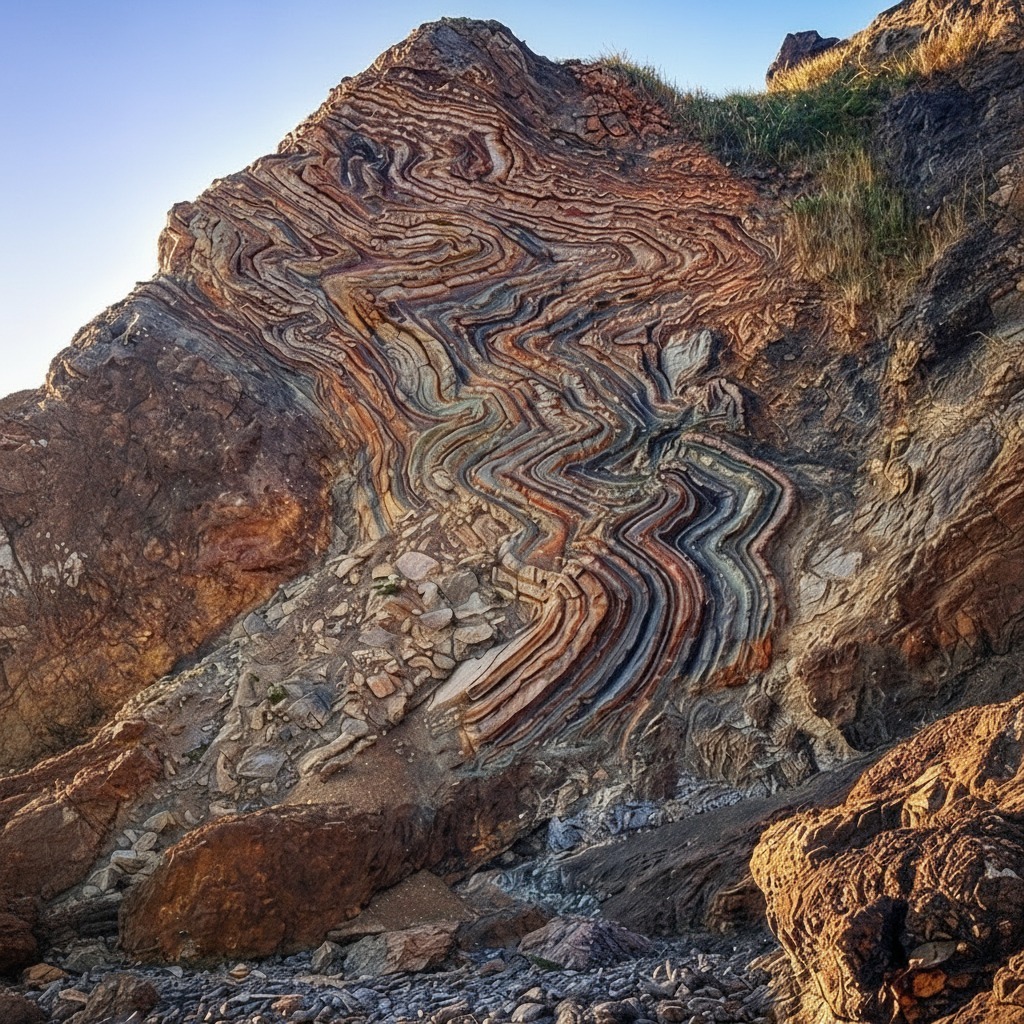 Curved layered rock formations showing geological folding with striped brown, orange and gray bands at Cannon Beach