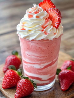 Strawberry milkshake with whipped cream topping and fresh strawberry garnish in a glass