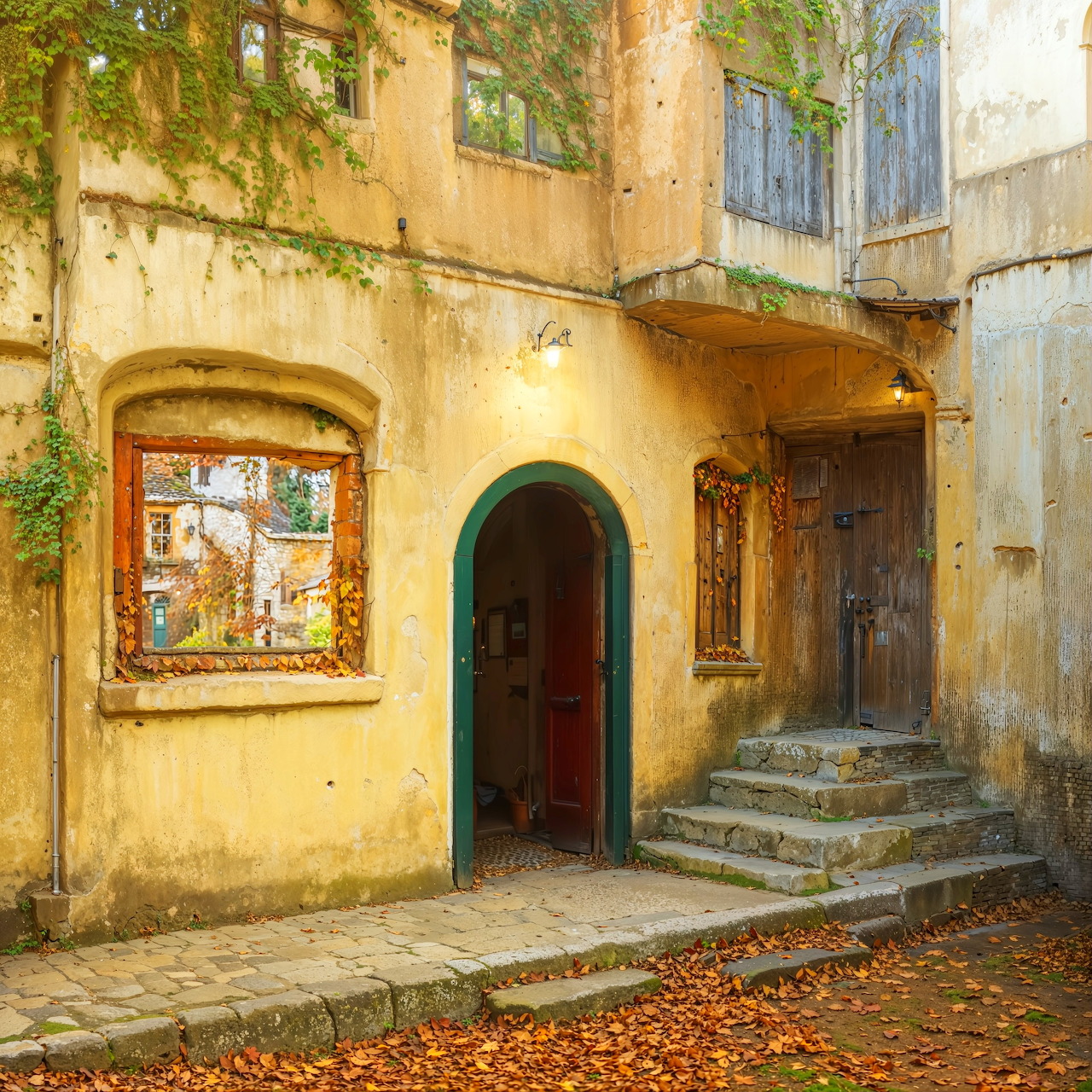 Old yellow building with arched doors, stone steps, and autumn leaves on cobblestone courtyard