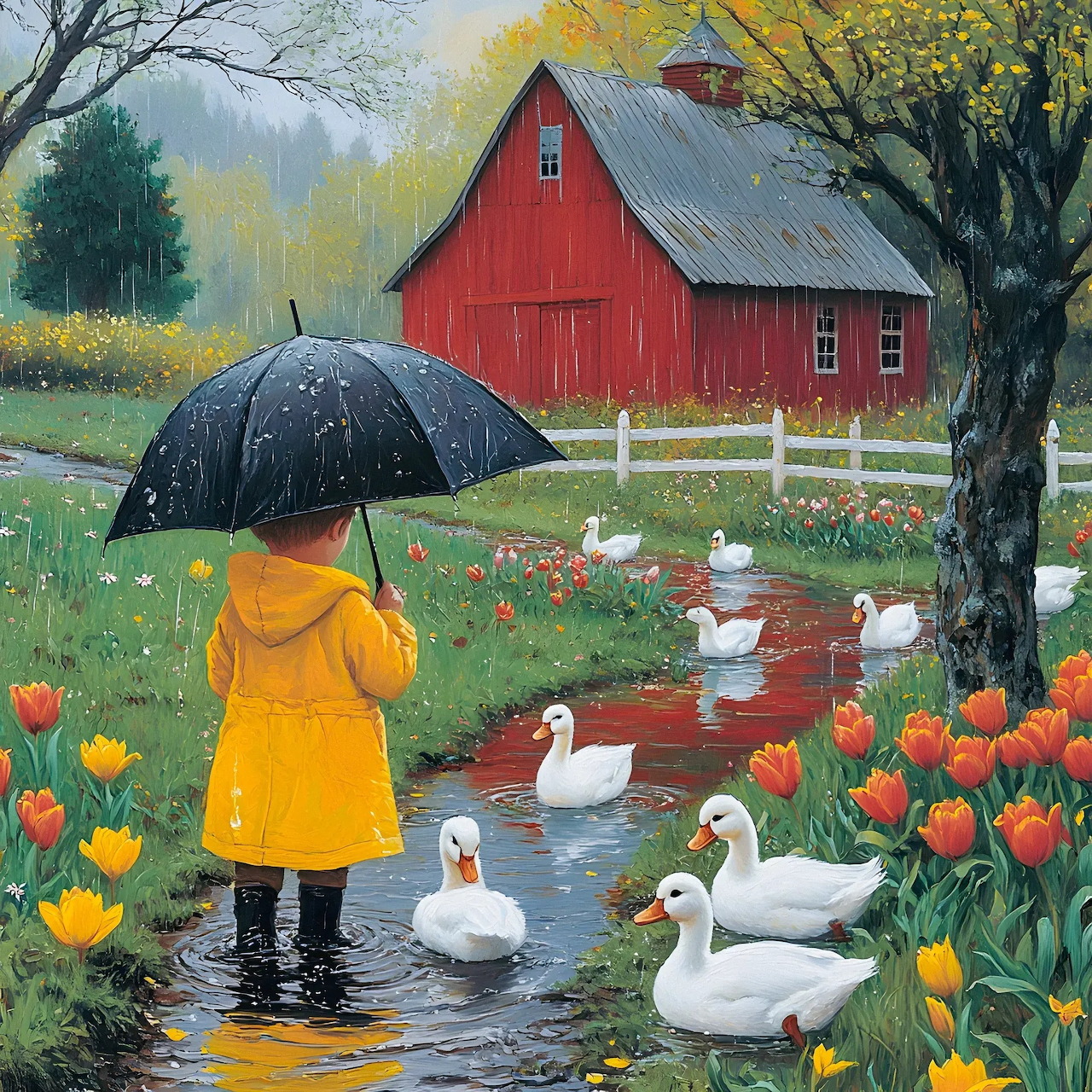 Child in yellow raincoat with umbrella watching white ducks swim in puddle by red barn surrounded by orange and yellow tulips