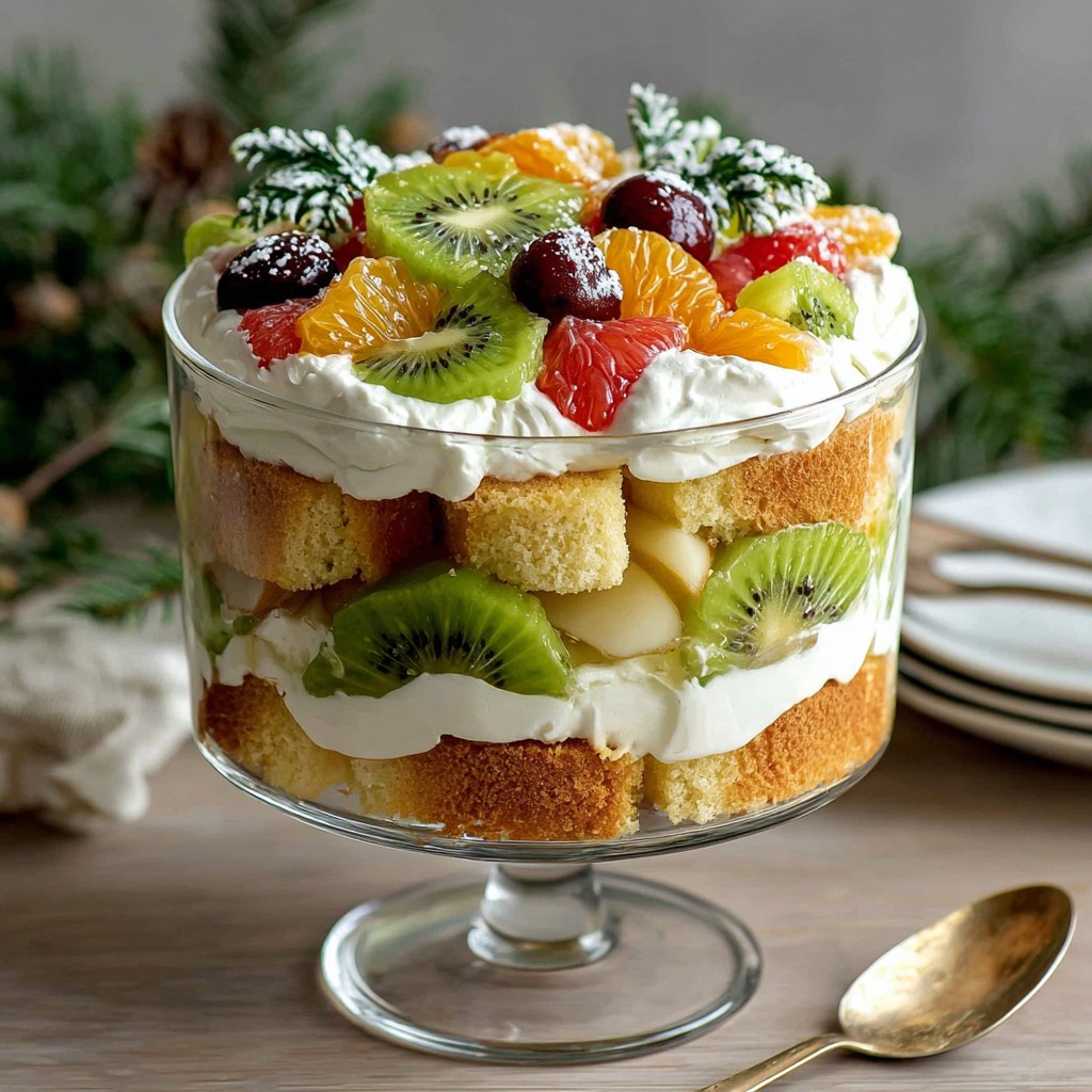 Glass bowl of fruit trifle with whipped cream, cake cubes, kiwi, citrus slices, and berries