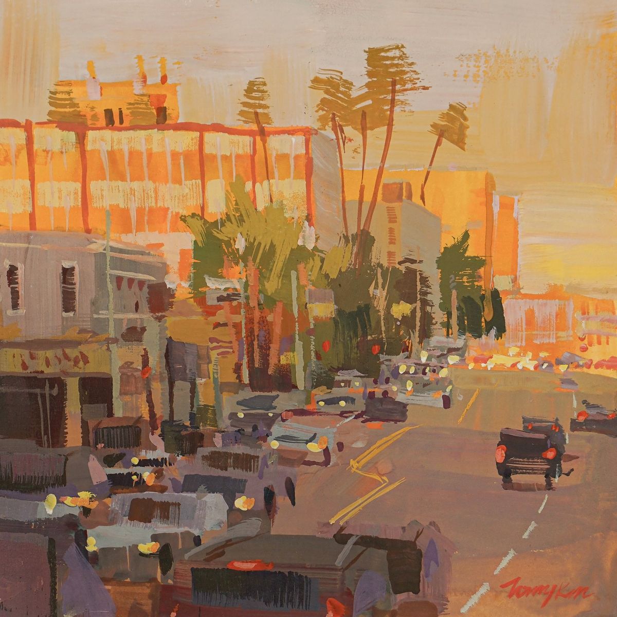 Abstract city street painting with cars, palm trees, and warm sunset light
