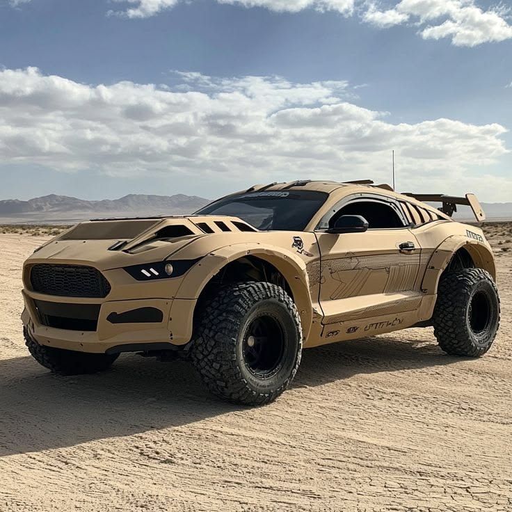 Beige off-road sports car parked on a sandy desert track under a cloudy sky