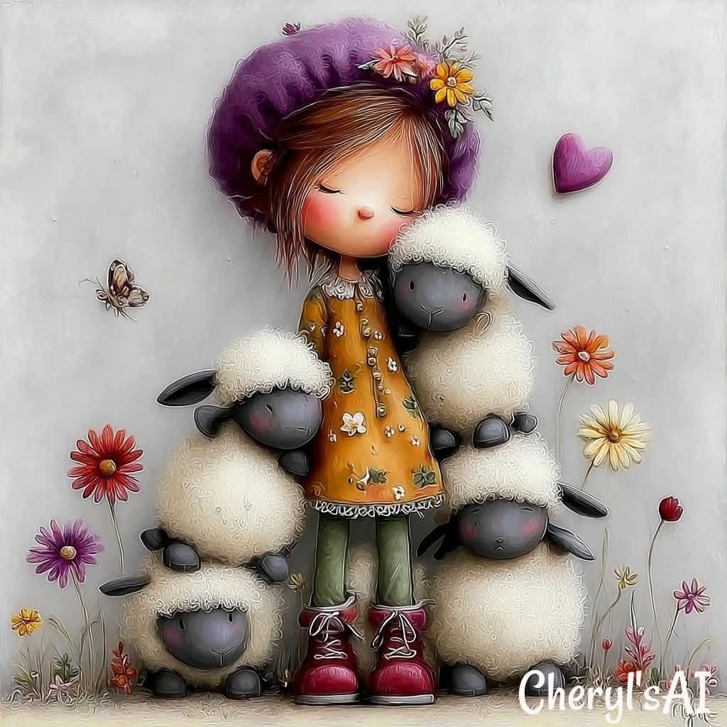 Illustration of a little girl in a purple hat standing with four fluffy sheep and flowers