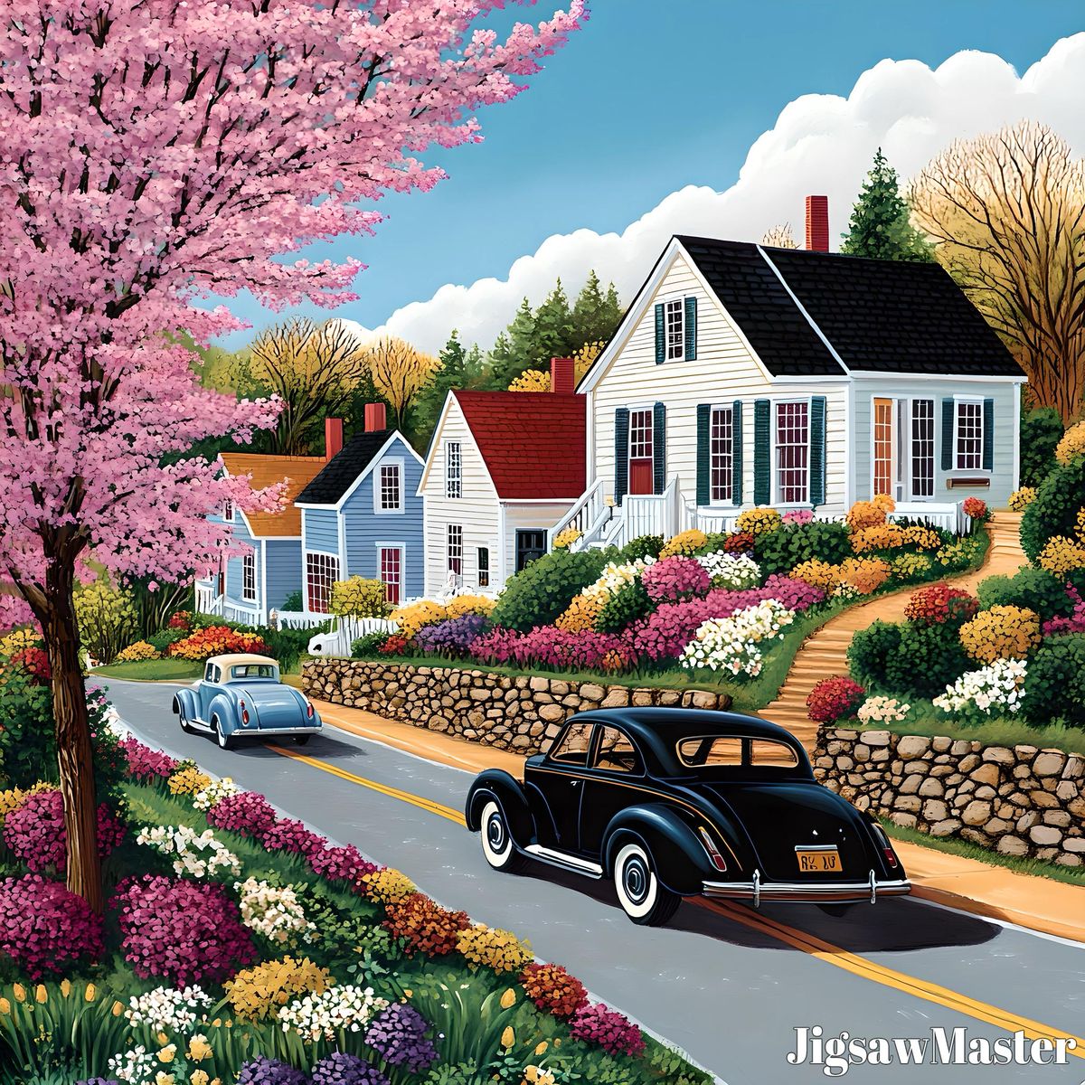 Painting of a spring neighborhood street with white houses, flower gardens, and vintage cars
