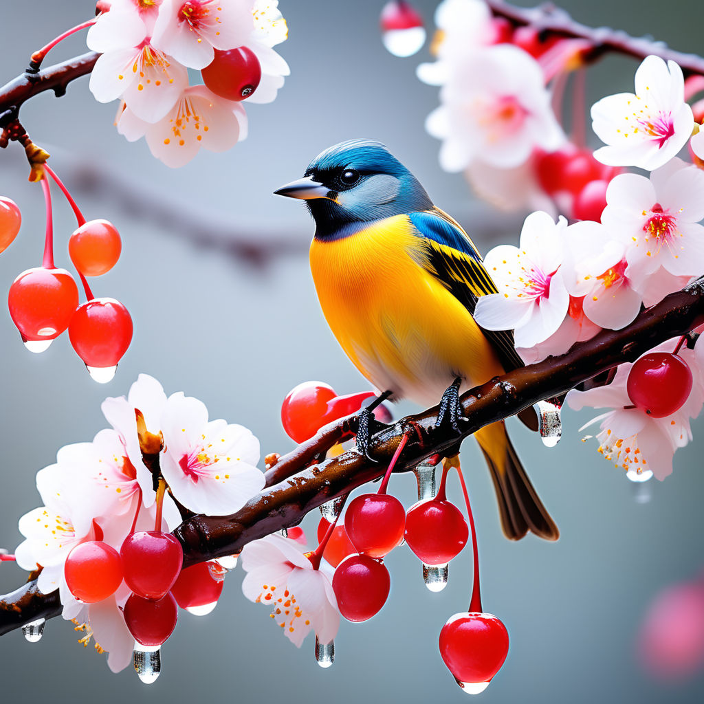 Blue Bird on Cherry Blossom Branch