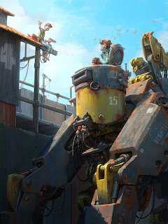 Illustration of a large yellow mech robot in an industrial alley with a person standing below