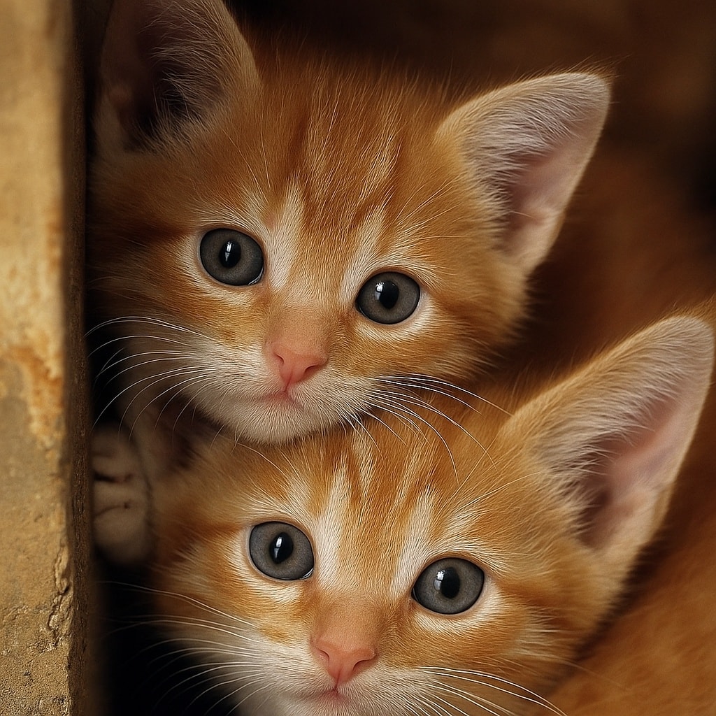 Two orange tabby kittens with blue eyes looking at camera