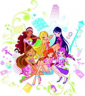 Six Winx Club fairy girls in colorful outfits posed together with floral and city decorative elements