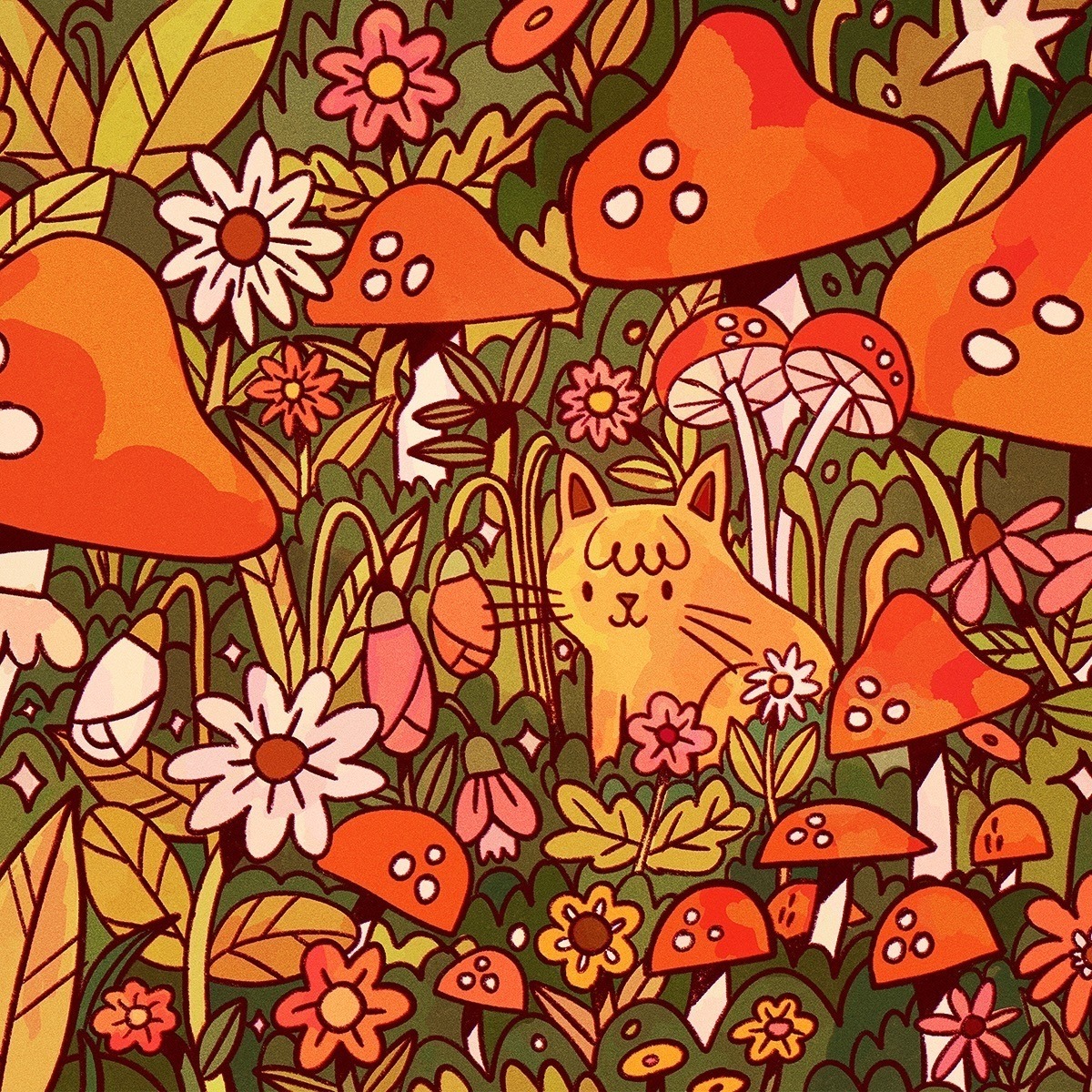 Illustrated orange cat surrounded by red mushrooms, flowers, and leaves