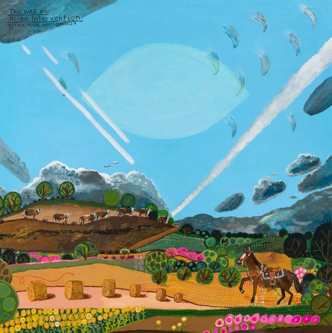 Folk art painting showing UFO beams over a horse in a surreal landscape with floating rocks and colorful flowers