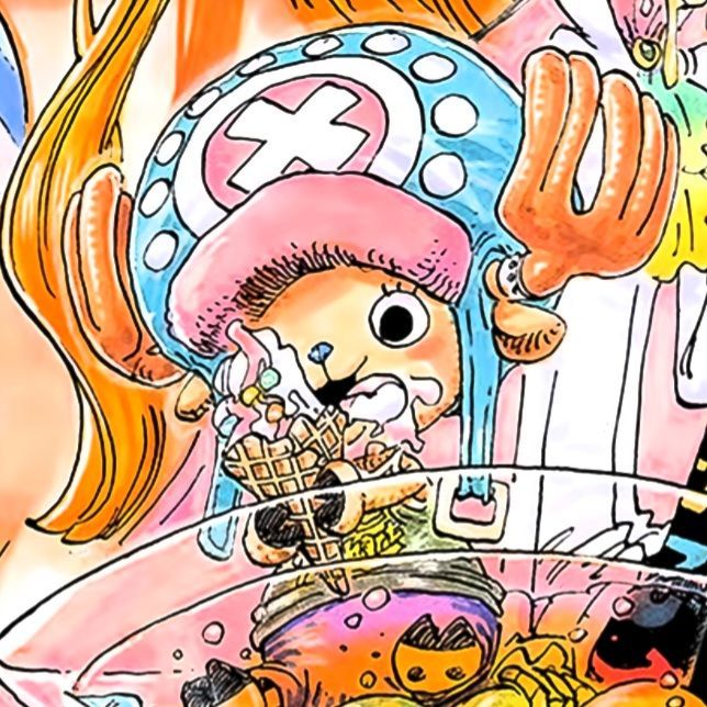 Colorful anime illustration of Tony Tony Chopper character with pink and blue hat holding orange objects