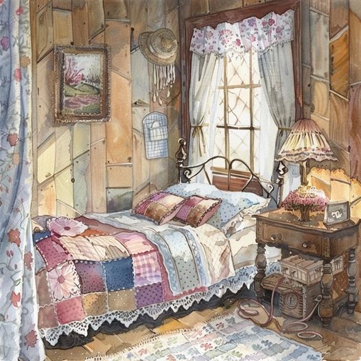 Watercolor painting of a cozy rustic bedroom with a patchwork quilt and lace-curtained window