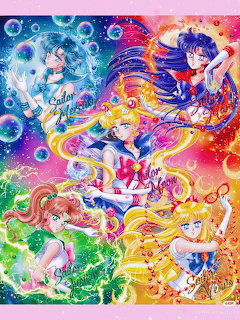 Anime illustration of Sailor Moon characters in colorful magical girl poses with celestial elements and rainbow background