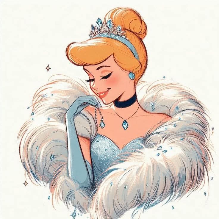 Cinderella wearing blue ball gown with white fur stole and elegant updo hairstyle