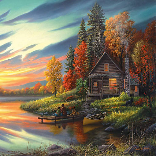 Cabin by lake at sunset with autumn trees, dock, and boat under dramatic colorful sky