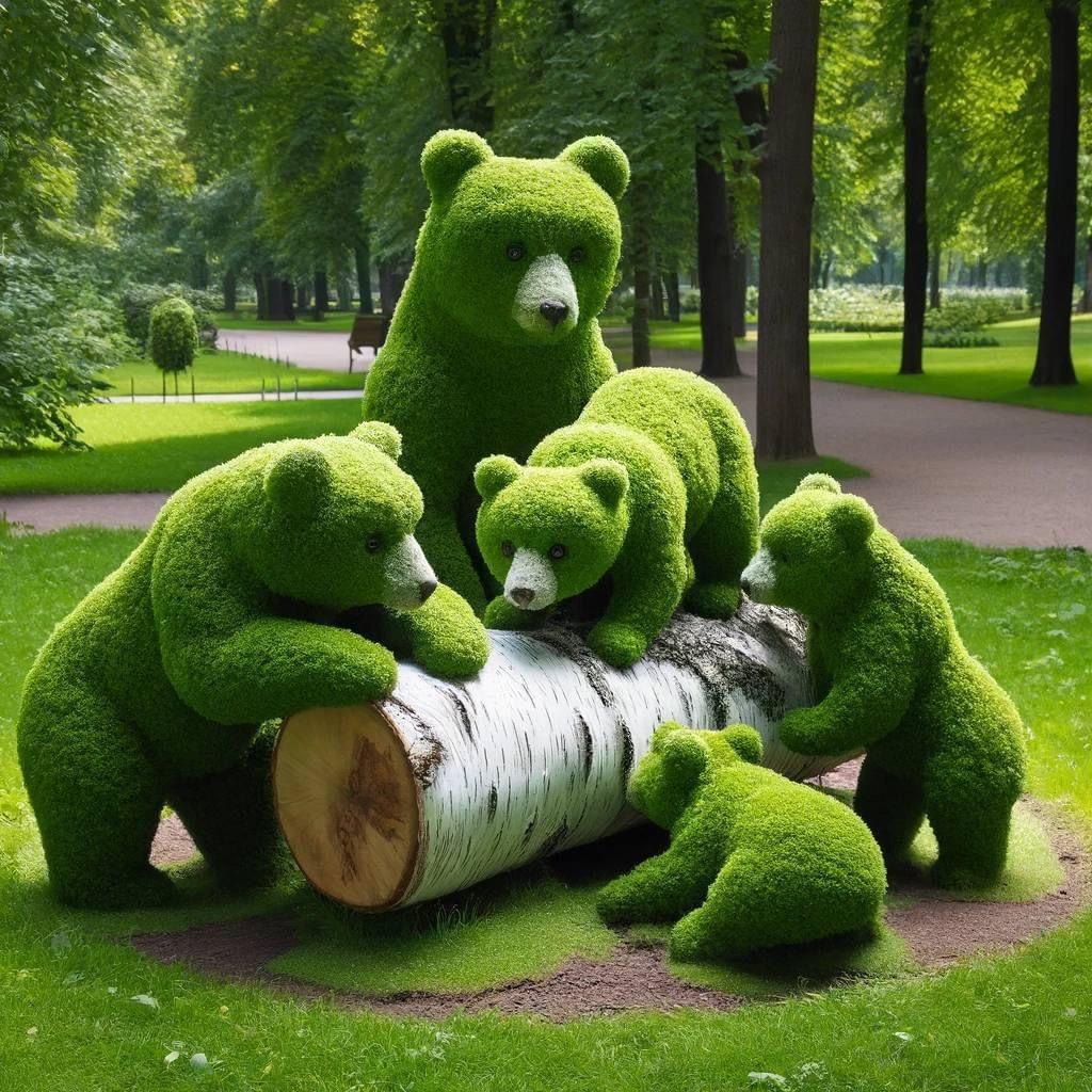 Green topiary sculptures of a bear family gathered around a birch log in a park
