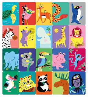 Colorful illustrated animals in a grid of bright square panels