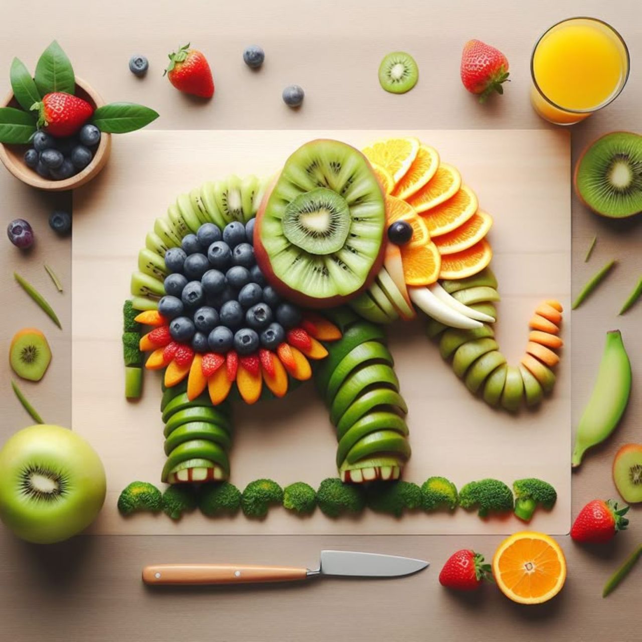 Artistic elephant sculpture made from colorful sliced fruits on white board with fresh produce around edges