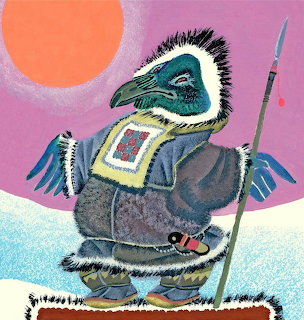 Illustrated raven character in colorful traditional clothing holding spear under orange sun