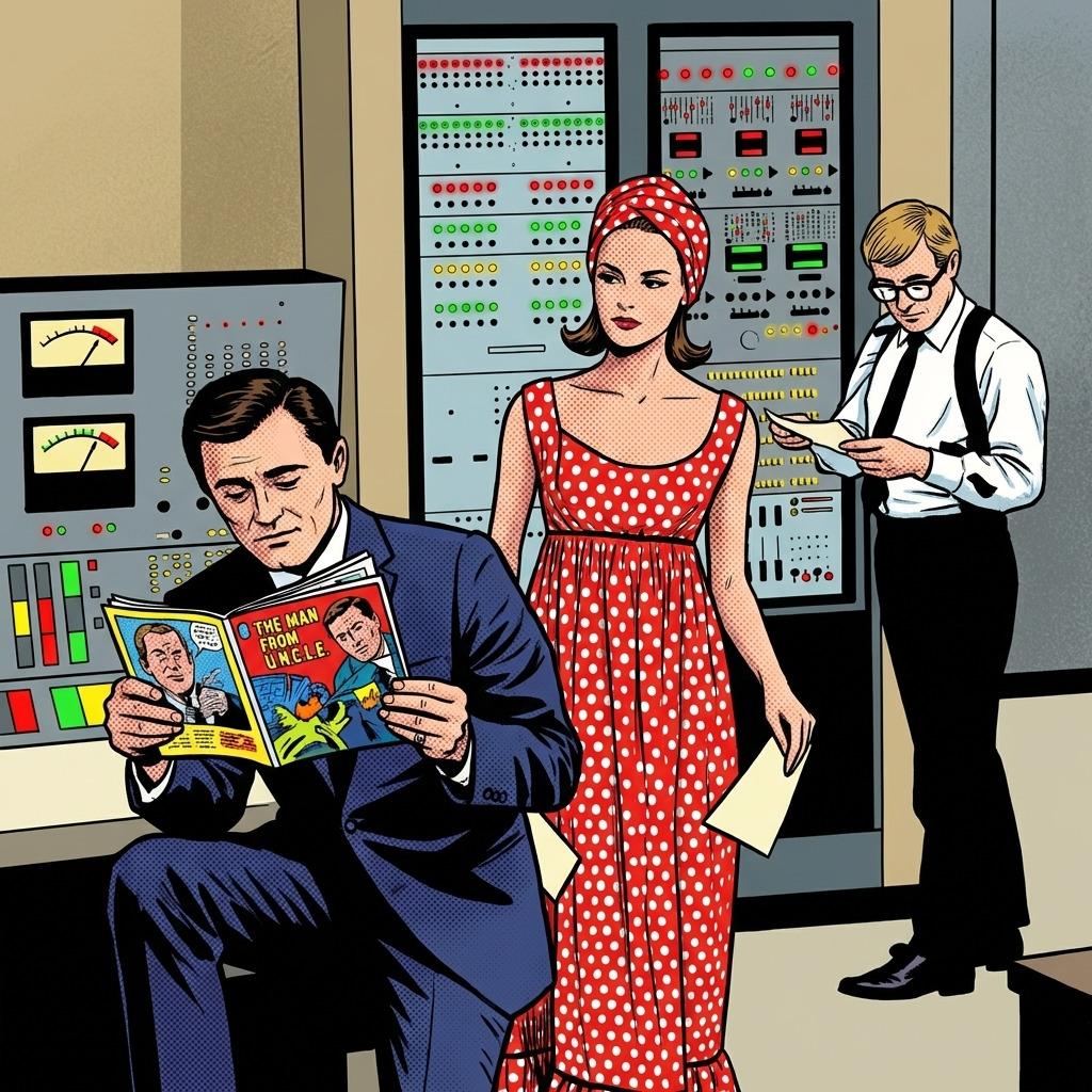 Retro illustration of three people in a control room with panels, including a woman in a red dress
