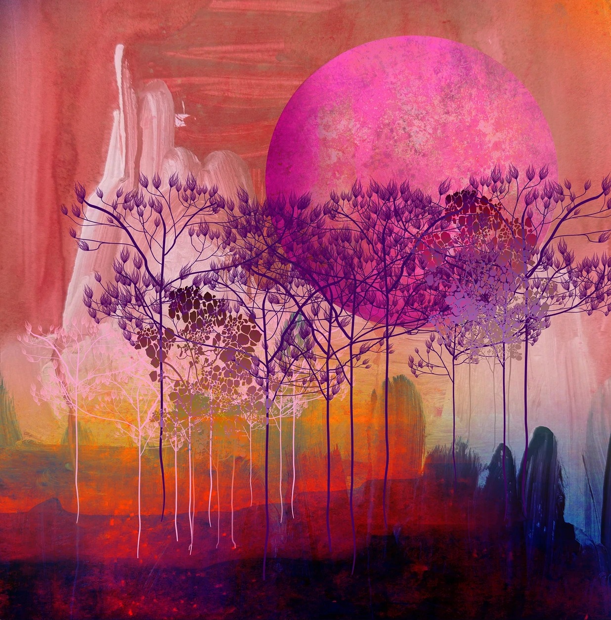 Two silhouettes walk under abstract trees and a large pink moon in a colorful surreal landscape painting