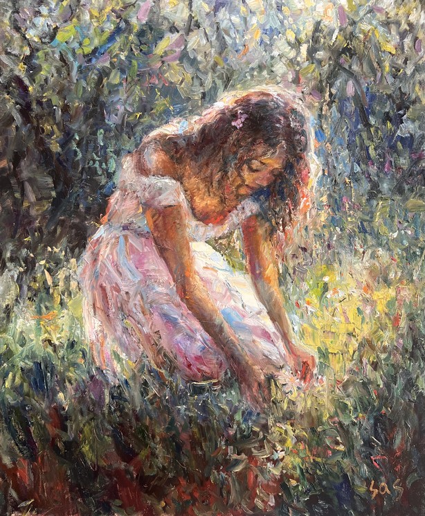 Illustration of girls in a flower garden