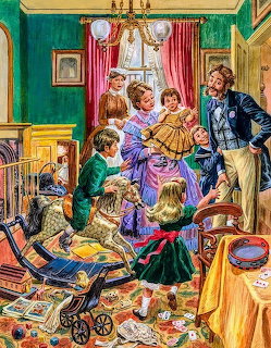 Victorian nursery with nanny, children, toys, and ornate period furnishings in detailed illustration style