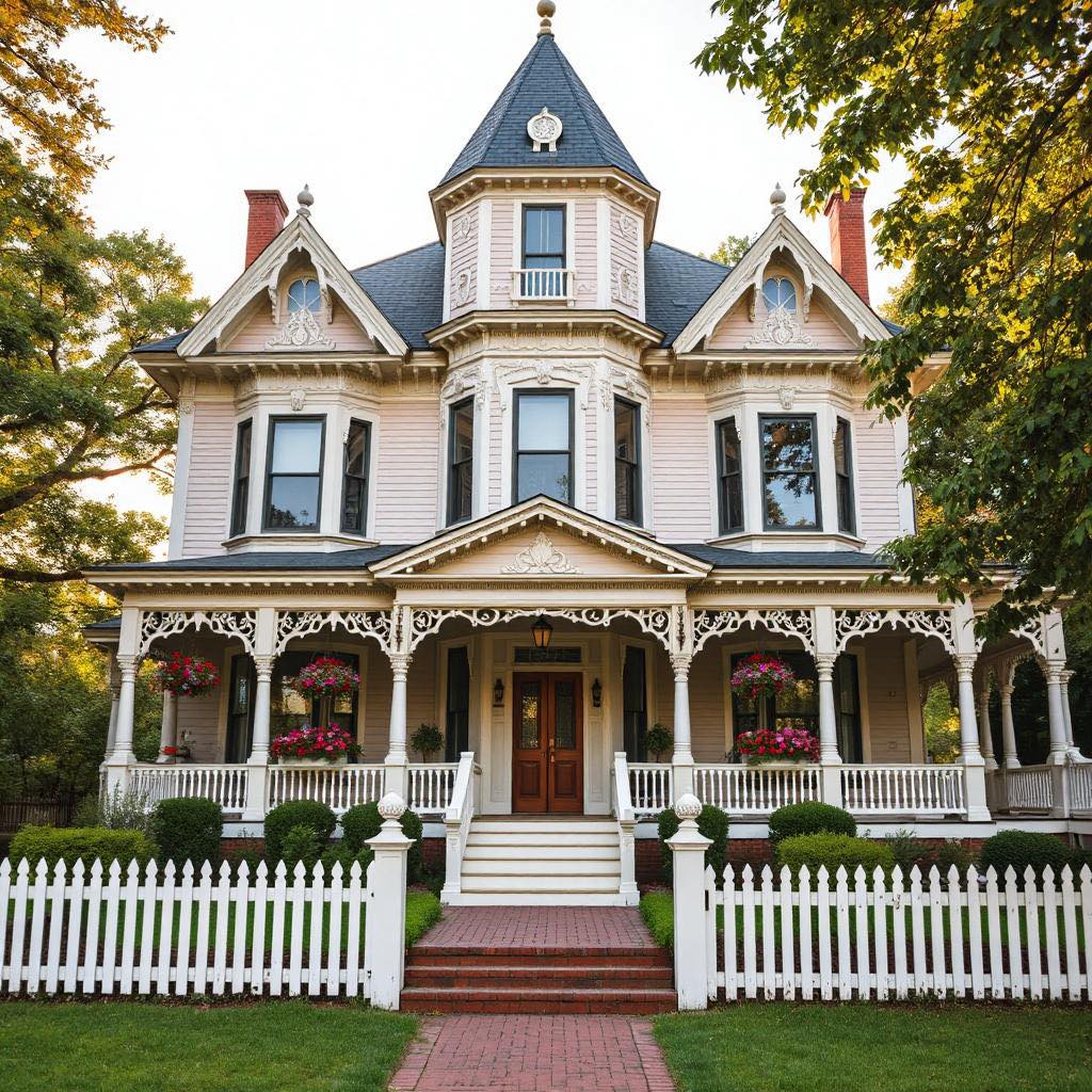 White Victorian house with turret, wrap-around porch, ornate trim, and white picket fence