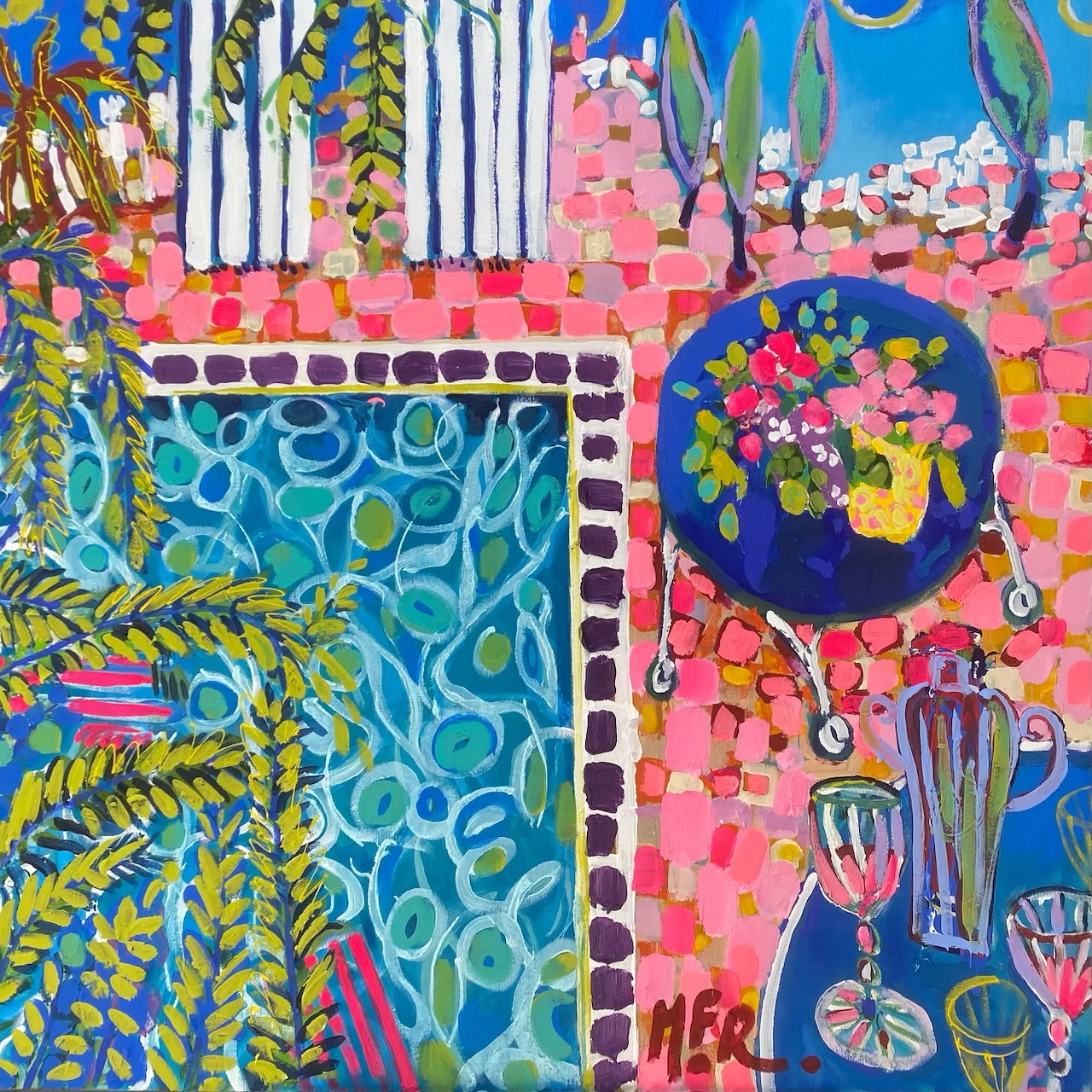 Vibrant painting of pool terrace with flowers, wine, and pink tiled patio overlooking blue water