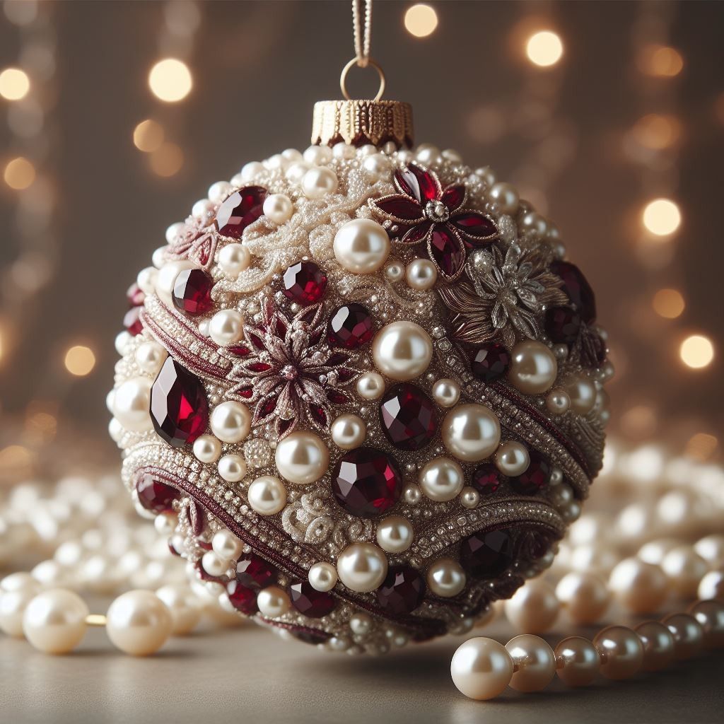 Jeweled Christmas ornament decorated with pearls and beads on a soft glowing background