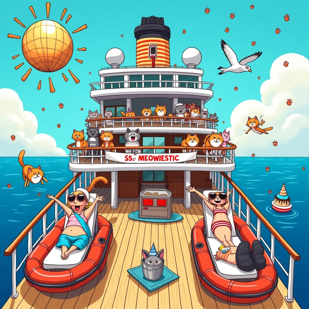 Cartoon cats lounging on a cruise ship deck at sea with sun, birds, and playful ocean details