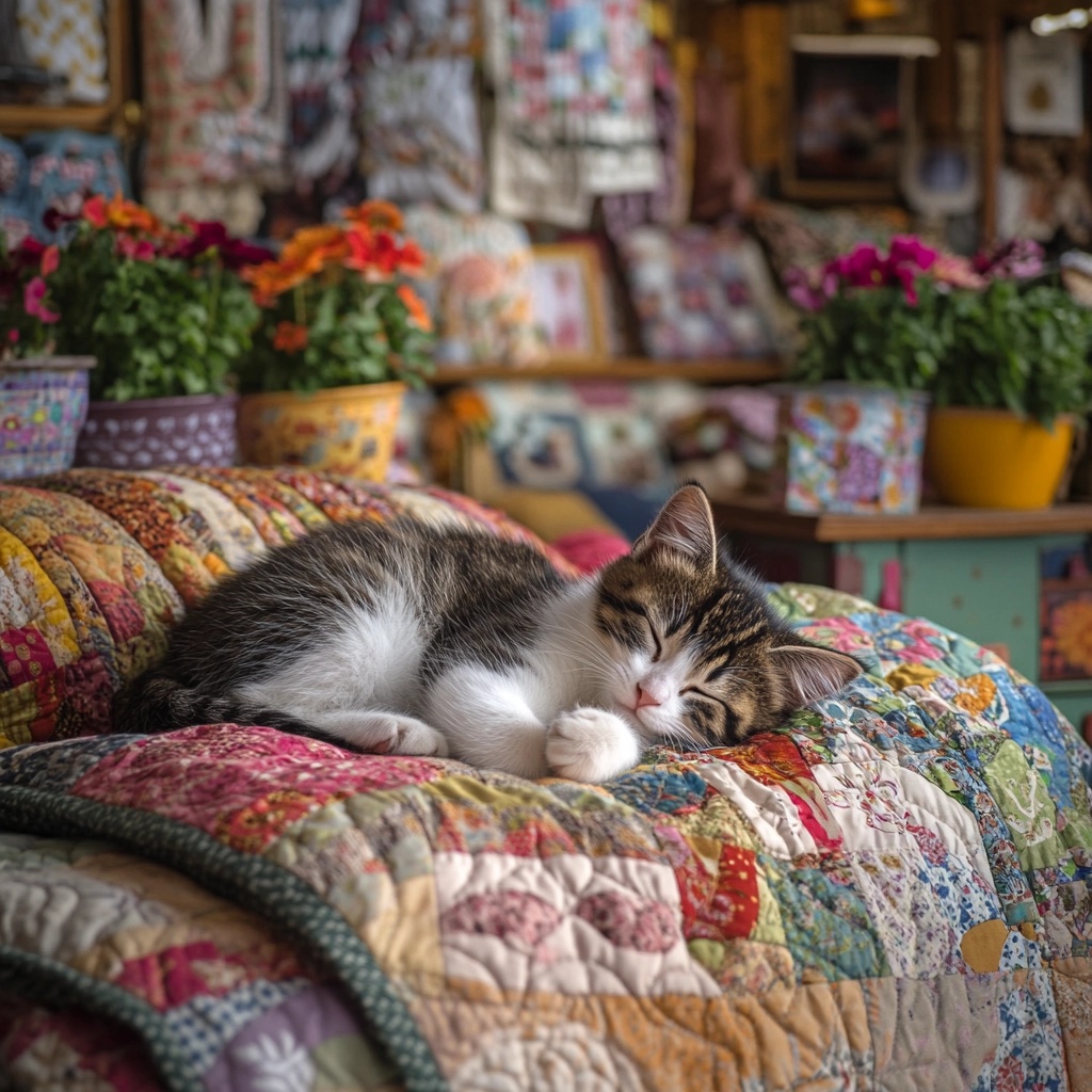 Kitten on Colorful Quilts