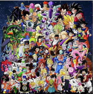 Large Dragon Ball Z character collage with many anime heroes and villains on a dark starry background