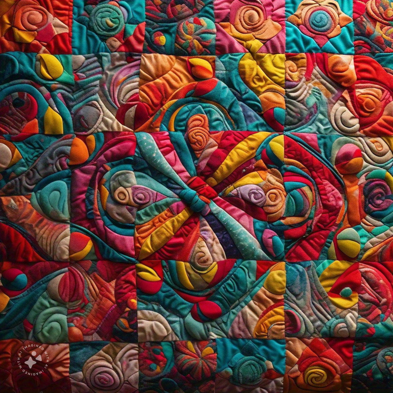 Colorful patchwork quilt with swirling patterns and quilted texture in vibrant red, turquoise, yellow, and orange