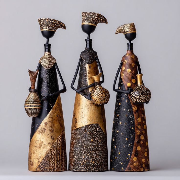 Three decorative figurines in black and gold dresses on a plain background