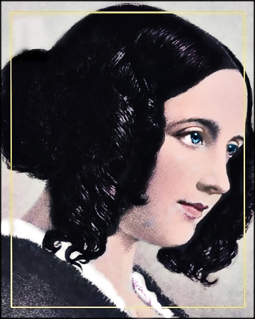Colorized Victorian portrait of a young dark-haired woman in side profile with blue eyes