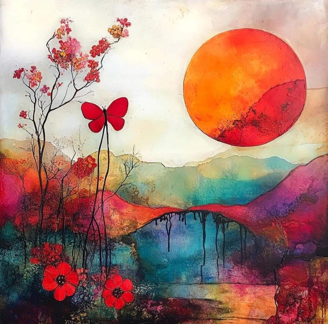 Abstract watercolor landscape with orange sun, red poppies, butterfly, and colorful layered hills reflected in water
