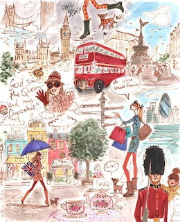 Watercolor collage of London scenes: Big Ben, red bus, Queen's Guard, Piccadilly Circus, and fashionable shoppers