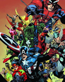 Comic art of many Marvel superheroes grouped together including Captain America and Spider-Man